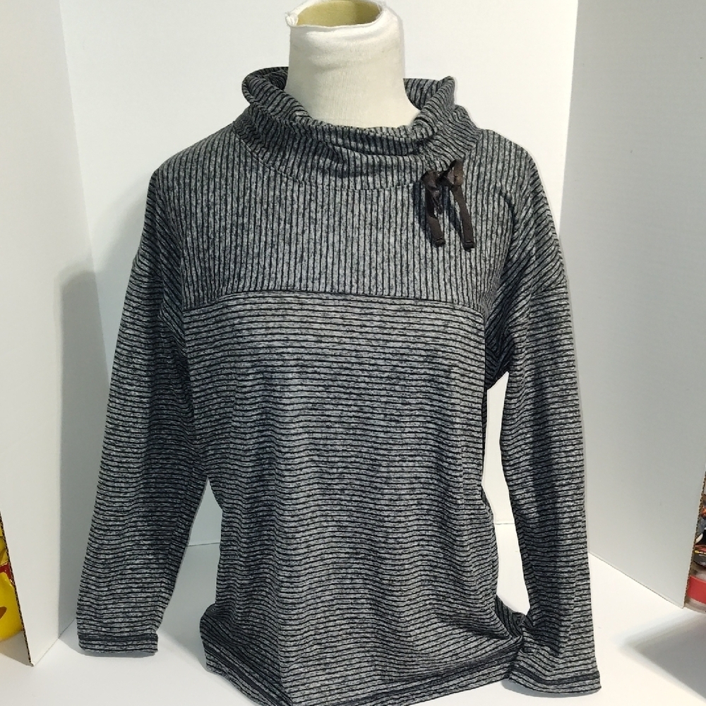 by Talbots women's gray striped pullover mock neck sweatshirt.  Size Large